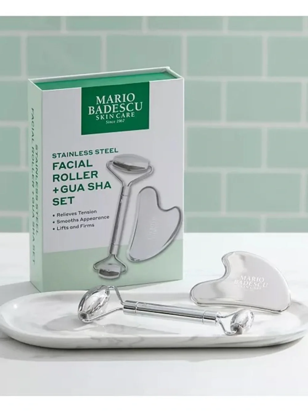 Mario Badescu Stainless Steel Facial Roller & Gua Sha Set - Silver